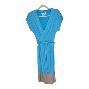 Maggie London Faux Wrap Dress Y2K 90s Sz 4 Petite Blue /Tan Plunge Neckline EUC